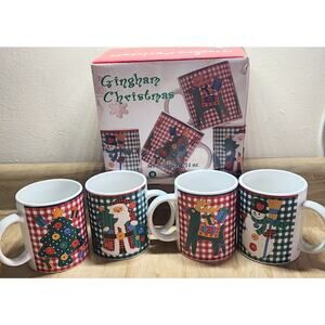 Gingham Christmas Riviera Van Beers 11oz Stoneware Mugs Set of 4 Livingquarters